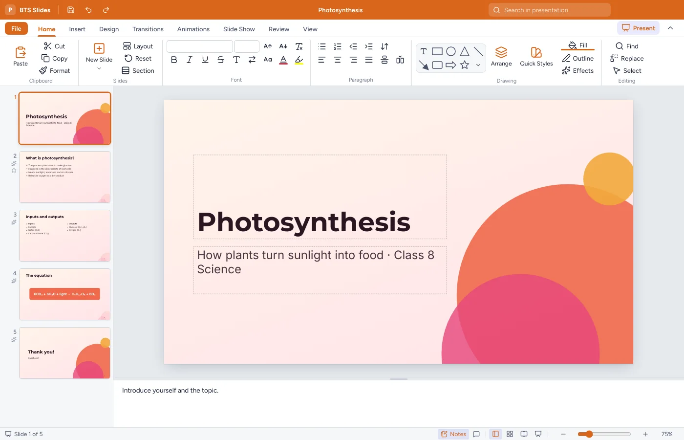 BTS Slides editing a presentation about photosynthesis